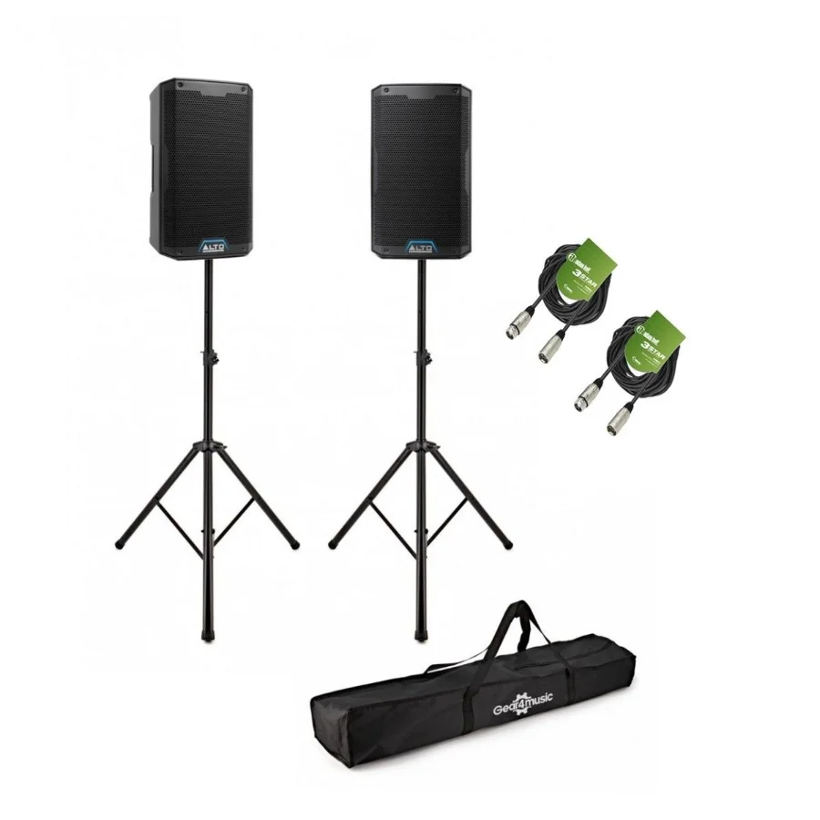Alto TS412 12-inch active PA speakers on stands