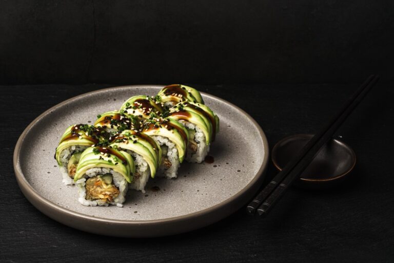 Avocado-topped sushi roll by On a Roll, Copenhagen sushi catering