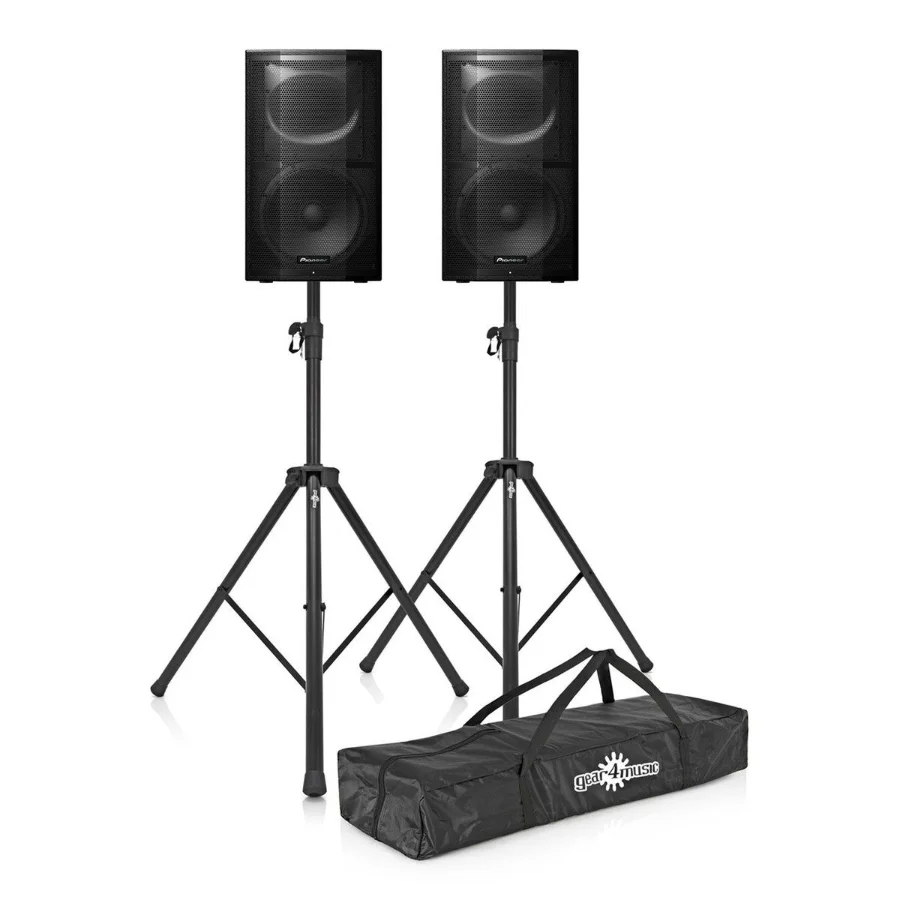 Pioneer DJ XPRS15 15-inch active PA speakers on stands